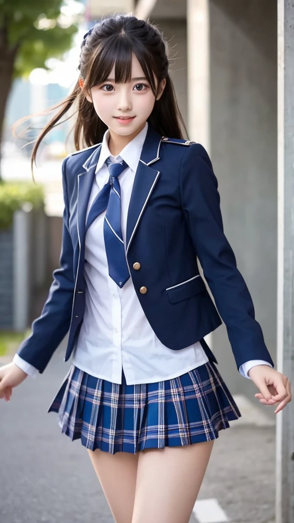 Best-quality, Masterpiece, Ultra-High-Resolution, (Photorealistic:1.4), Raw-Photo, 1girl, 15-years-old, the most popular Japanese idol, (upturned small ass wearing colorful panties under navy blue pleated long skirt, angle from below, upskirt, panty shot), wearing Japanese school uniform's dress shirt under Japanese school uniform's blazer, looking at viewer, innocent smile, extremely cute face like a most famous Japanese idol, extremely beautiful big black solid circle eyes, extremely beautiful black short-cut-haired, extremely beautiful white skins, extremely beautiful thighs, extremely beautiful legs, ((detailed small ass wearing colorful panties, detailed navy blue pleated long skirt, detailed Japanese school uniform's blazer, detailed Japanese school uniform's dress shirt))