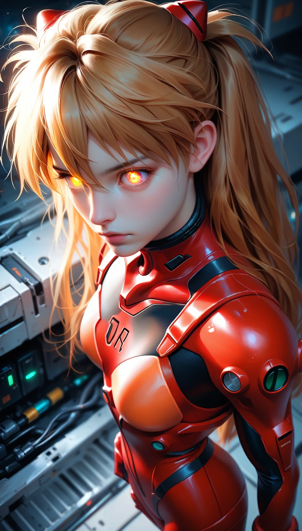 (Overhead view),dynamic angle,ultra-detailed, illustration, close-up, straight on, 1girl,
((souryuu asuka langley, interface headset, red bodysuit, blonde)),Her eyes shone like dreamy stars,(glowing eyes),(beautiful and detailed eyes),(expressionless,closed mouth),(standing),
(mechanic room with toolsand spaceship windowin a white SPACESHIP),
(night),dreamy, (delicate fingers and hands),(detail fingers),