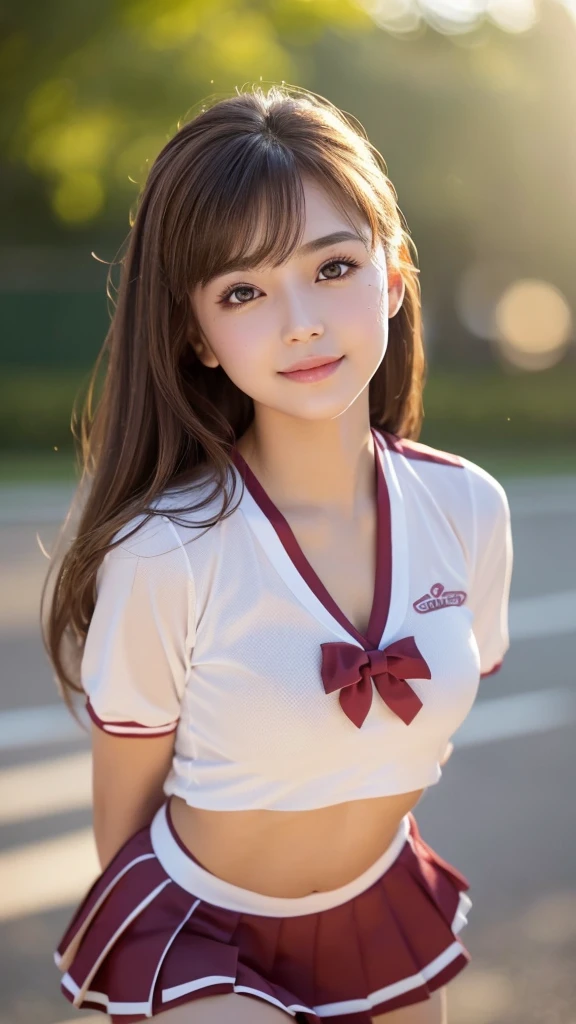 masterpiece, Highest quality, Very detailed, High resolution, (Realistic, photoRealistic:1.37), Excellent anatomy, One beautiful woman,Knee-deep shots,A small smile, cheer leading, Cheerleader uniform, (shape), Micro Pleated Mini Skirt, ((Very delicate and beautiful)), (Bokeh, Blurred outdoor background), Brown Hair, Long Hair, bangs,Very beautiful face, Cute type, Big Natural Color Lip, Big and pretty eyes, Brown eyes, Obvious double, Small and cute nose, Brown eyes, Shiny highlight spots around the eyes, Character Focus, Tilt your head, The best light, Best Shadow, mysterious, Perfect Face, Very detailed, Soft Skin, (Glowing Skin, Sweaty: 1.2)'Beautiful feet, Voluptuous thighs, Plump body, Huge breasts, (Expresses the roundness and softness of the chest area.........1), Beautiful body, (The perfect woman),