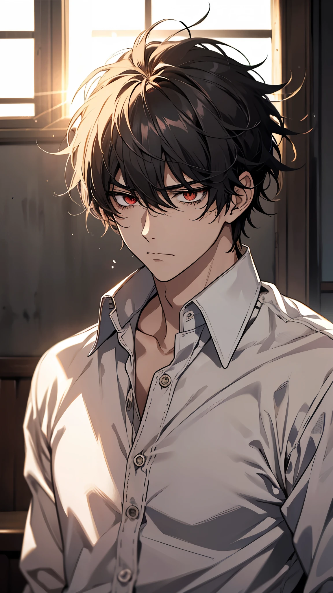 One, male, man, white button down shirt, narrow red eyes, direct facial treatment, Short black disheveled messy hair length, sun light, warm light, anime style,bored,tired,worried