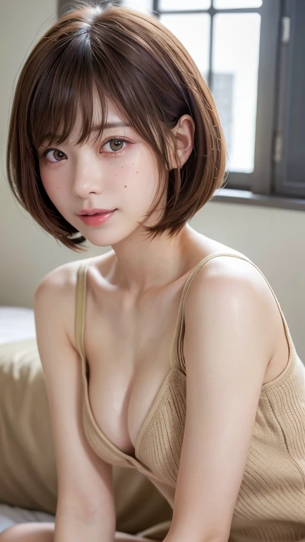 (Bob Cut Hair:1.2),(Wearing a camisole:1.8),1 person,Japanese,21 years old,(Small breasts:1.3),(Highest quality,masterpiece:1.3,Ultra-high resolution,),(Very detailedな,Caustics),(Realistic:1.4,RAW shooting,)Ultra-Realistic Capture,Very detailed,High resolution 16K human skin closeup。 Natural skin texture、,pores、、It needs to be detailed enough to be easily identifiable。 Skin tone is even and healthy looking。 Use natural light and color, Happy expression, Looking into the camera, Perfect dynamic composition, indoor、Cleavage、Earrings、Hide your chest、freckles、(Round Glasses)、(erect nipples)、Sit on the bed、Bedroom、On the bed、Duck mouth