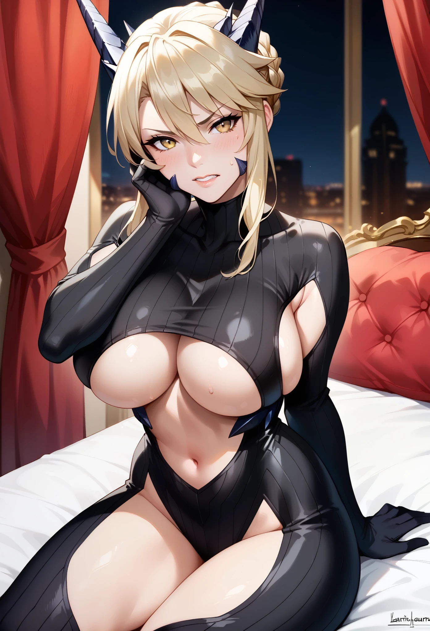 score_9, score_8_up, score_7_up, score_6_up, source_anime, 1girl, solo,laltr, pale skin, light blonde hair, braid, yellow eyes, horns, black bodysuit, center opening, clothing cutout, underboob, navel, long sleeves, black gloves, huge breasts, clenched teeth, blush, hand on own face, sweatdrop, looking at you, sitting, bed, bedroom, indoors, black curtains