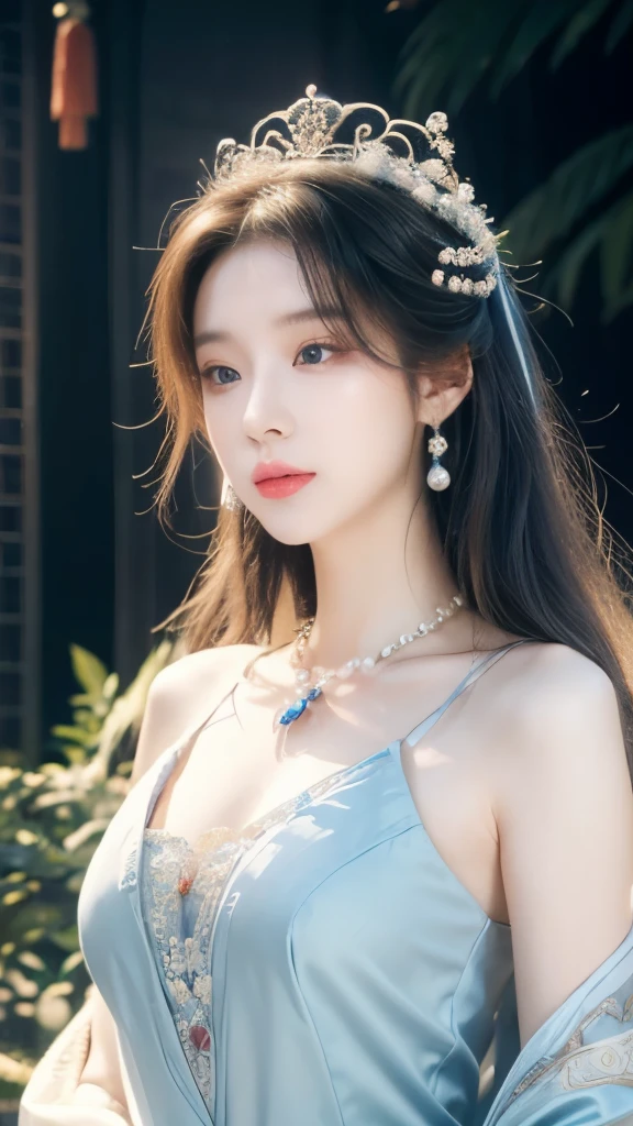 Lady Eldred in a blue dress,wearing a tie and a pearl necklace, Beautiful fantasy queen, ((Beautiful fantasy queen)), palace , Girl wearing Hanfu, Hanfu, Gorgeous role-playing, Ancient Chinese Princess, White Hanfu, Chinese Princess, Surreal fantasy headdress, 8K)), Ethereal Beauty, Rococo Queen, Pale porcelain skin
