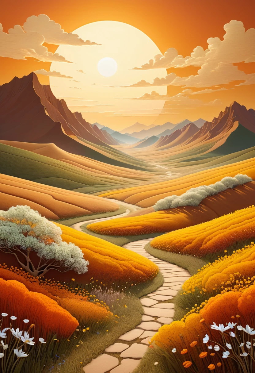 paper_cut,Natural and organic depictions of vast landscapes,Sky and steppe,Kelsang flowers,Clouds,Big wind,Features earth tones and botanical motifs,Withdraw connections to nature and the environment,Influenced by botanical illustrations or environmental art,softlighting,(warm color:1.15),best quality exquisite details,3D rendering of