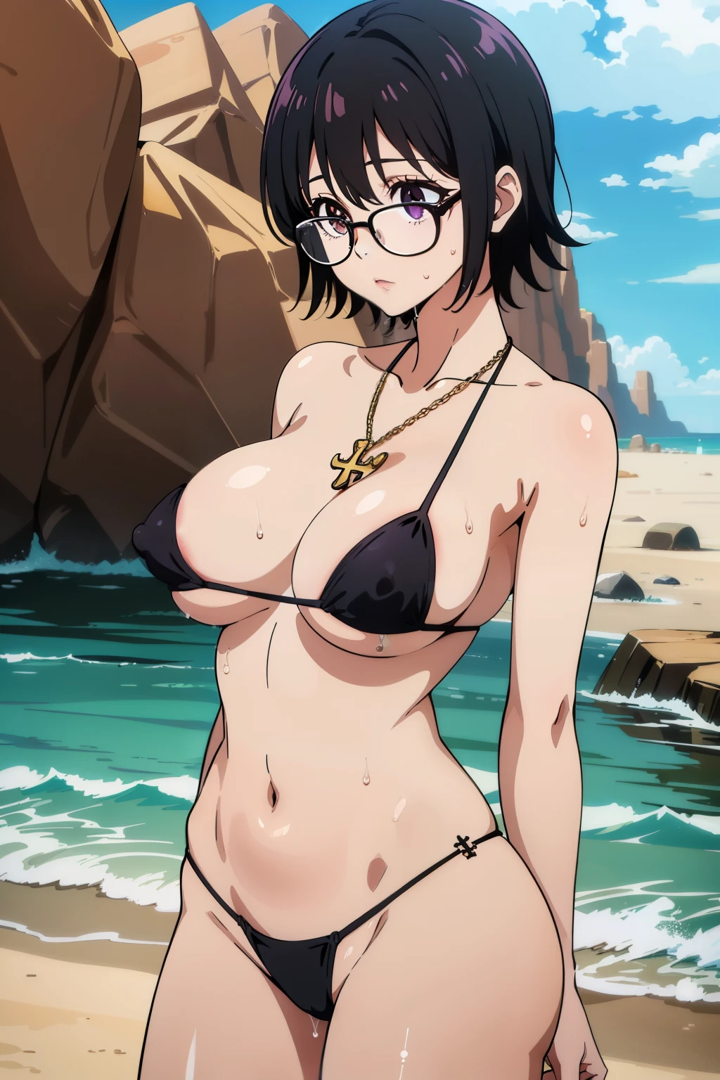 (masterpiece, High resolution, Highest quality, Anime Color), (Perfectly detailed anatomy, Beautiful attention to detail&hair), (Shizuku Murasaki), (One girl), black hair, short hair, Glasses, inverted cross chain necklace, (slim body: 1.2), (large t), ((Black Micro Bikini)), (erect ns), (wwboy shot, outdoor, beach