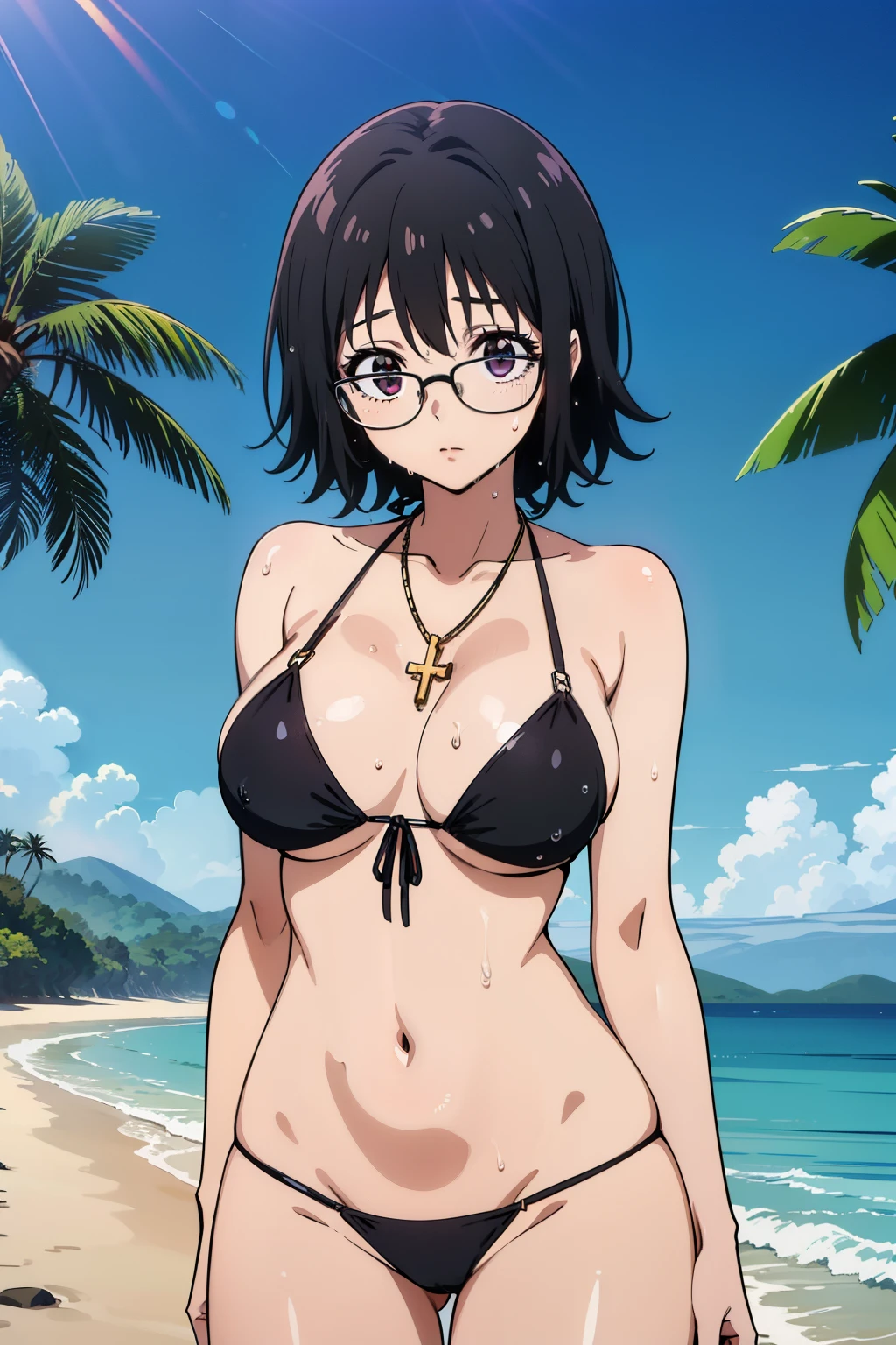 (masterpiece, High resolution, Highest quality, Anime Color), (Perfectly detailed anatomy, Beautiful attention to detail&hair), (Shizuku Murasaki), (One girl), black hair, short hair, Glasses,  inverted cross chain necklace, (slim body: 1.3), (large breastst), ((Black Micro Bikini)), (see through), (wet). cowboy shot, outdoor, beach