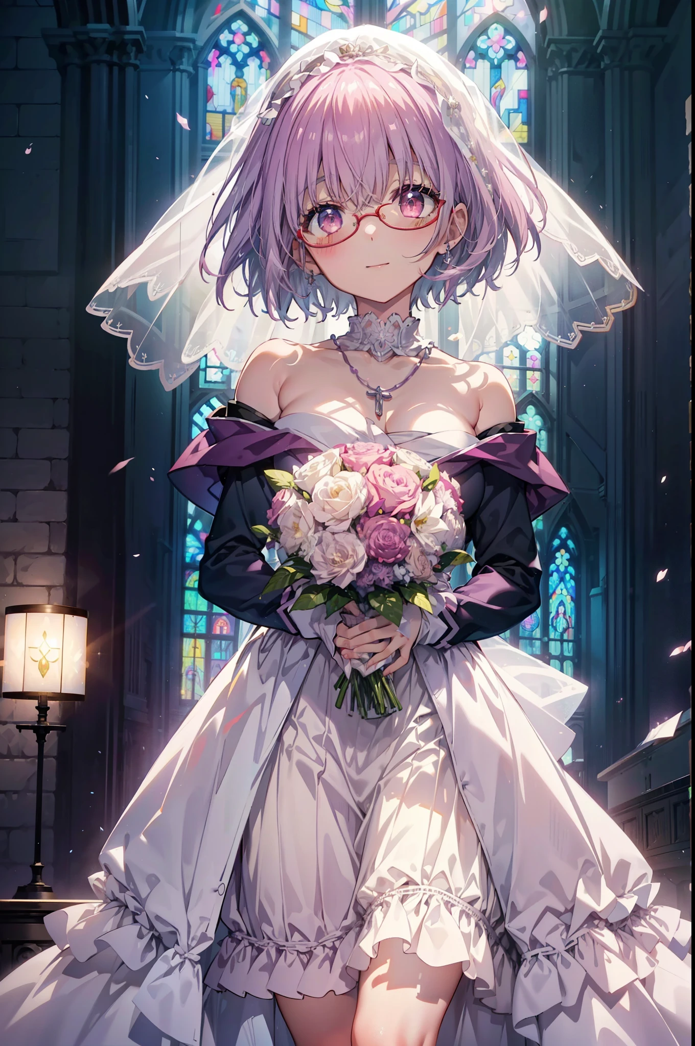 akaneshinjou, shinjou akane, Light purple hair, (Pink Eyes:1.2), short hair,smile,Red-rimmed glasses,blush,Big Breasts,Off-the-shoulder white wedding dresses,Wedding white long skirt,necklace,Veil,Holding a bouquet of flowers with both hands,Stained glass,　　　　　　　　　 
 break looking at viewer, whole body,(Cowboy Shot:1. 5) 　　　　　　　　　　　　　　　　　　　break indoors, Chapel,church, 　　　　　　　　　　　break (masterpiece:1.2), Highest quality, High resolution, unity 8k wallpaper, (shape:0.8), (Beautiful attention to detail:1.6), Highly detailed face, Perfect lighting, Highly detailed CG, (Perfect hands, Perfect Anatomy),