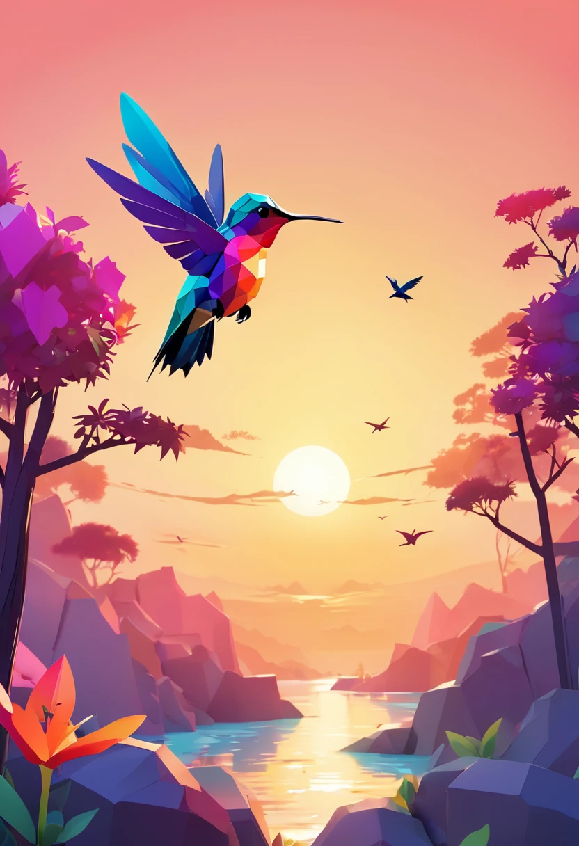 a silhouette design of a HUMMING BIRD, sunset design, 3D art, cute and quirky, bright bold colorful., watercolor effect, , digitalpainting, low poly, Aerial view, Isometric style, character-focused, 4K resolution, Photorealistic rendering, using Cinema 4D,front side
