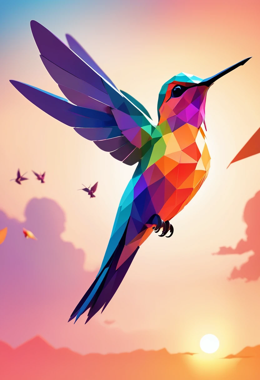 a silhouette design of a HUMMING BIRD, sunset design, 3D art, cute and quirky, bright bold colorful., watercolor effect, , digitalpainting, low poly, Aerial view, Isometric style, character-focused, 4K resolution, Photorealistic rendering, using Cinema 4D,front side