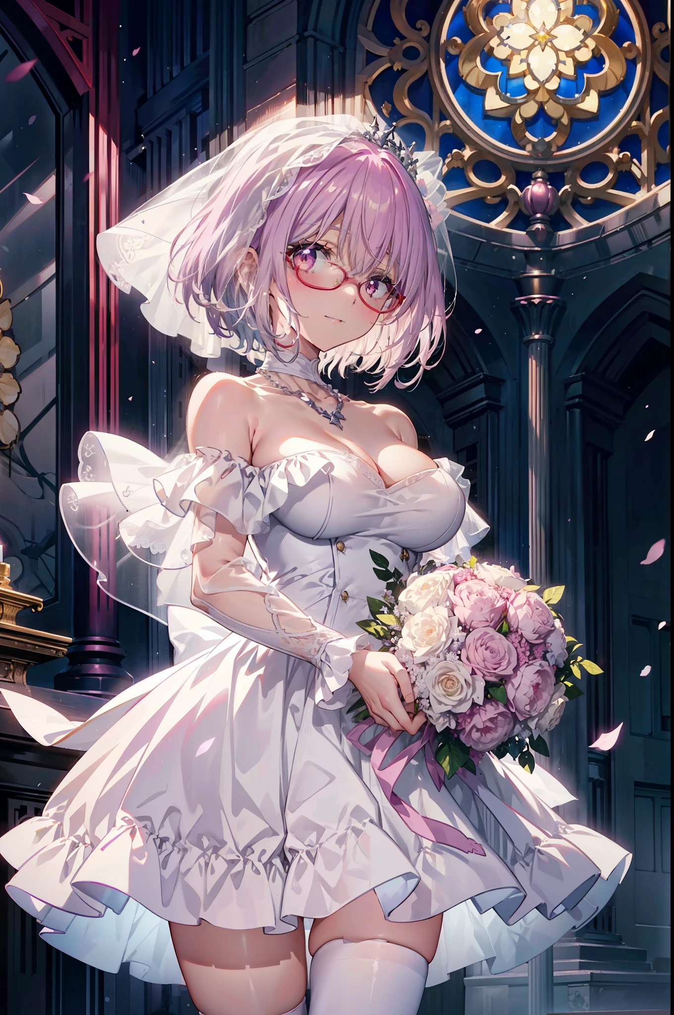 akaneshinjou, shinjou akane, Light purple hair, (Pink Eyes:1.2), short hair,smile,Red-rimmed glasses,blush,Big Breasts,Off-the-shoulder white wedding dresses,Wedding white long skirt,necklace,Veil,Holding a bouquet of flowers with both hands,Stained glass,
break looking at viewer, whole body,(Cowboy Shot:1. 5) break indoors, Chapel,church, break (masterpiece:1.2), Highest quality, High resolution, unity 8k wallpaper, (shape:0.8), (Beautiful attention to detail:1.6), Highly detailed face, Perfect lighting, Highly detailed CG, (Perfect hands, Perfect Anatomy),