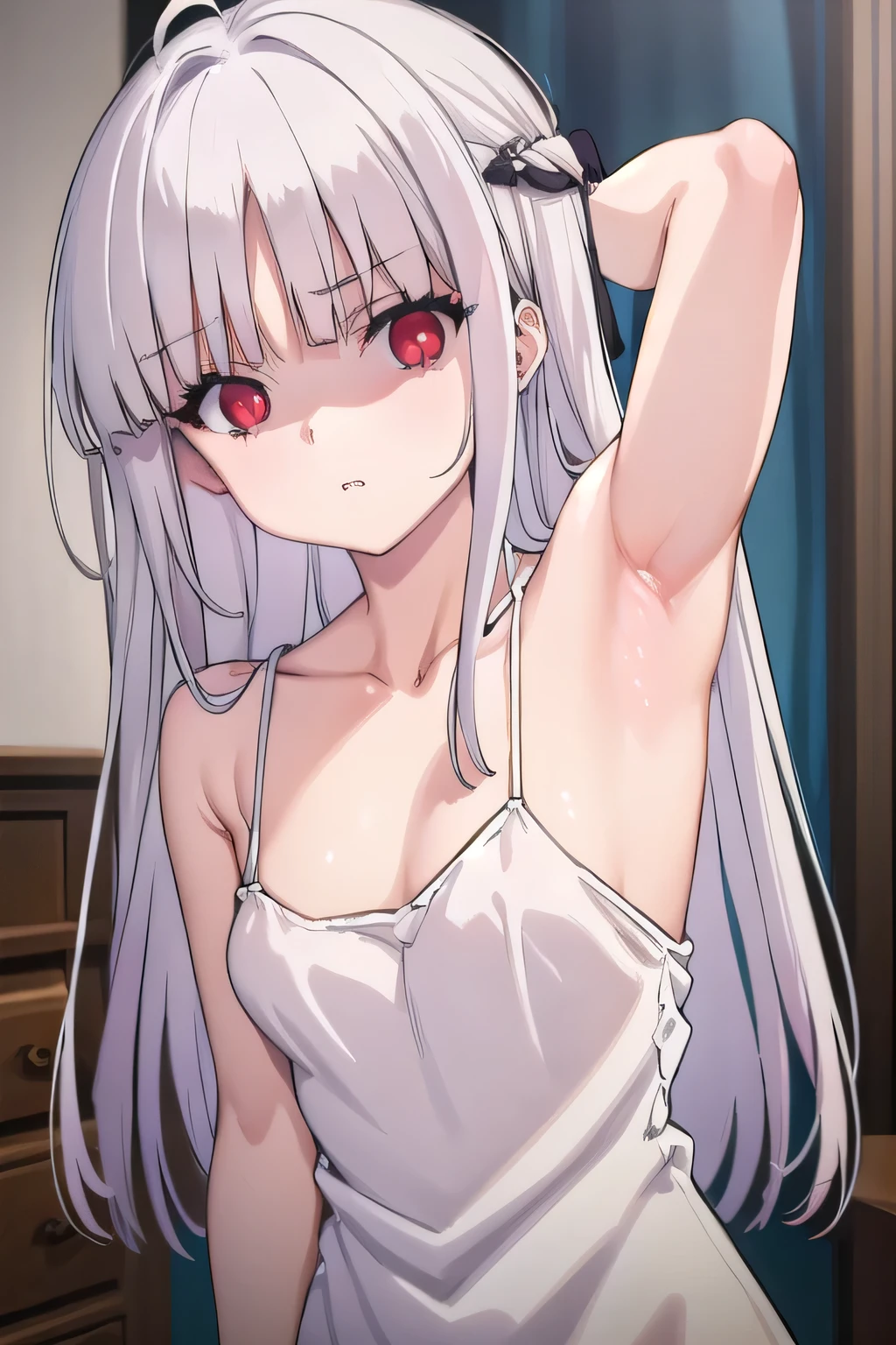 masterpiece, best quality, ultra-high-detailed, disgusted face, white hair, red eyes, sigtuna julie , small breast, arm behind head, left arm, fit body, camisole , bare shoulder, Collarbone , armpit crease 