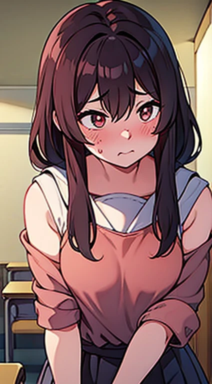 a girl with down shoulder hair , dark peach color hair , flustered face in a class room 