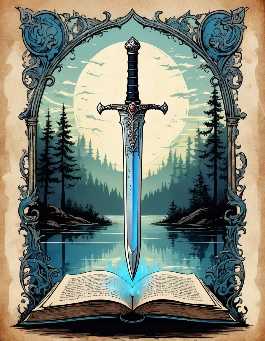 Cute Cartoon, CuteCartoonAF, (cute cartoon style:1.3), (on an antique book page with gothic ornate:1.3). | ((distant view of a legendary sword floating)) above a lake, surrounded by tall forest. | The sword has divine captivating aura, glowing with soft blue light.| More_Detail