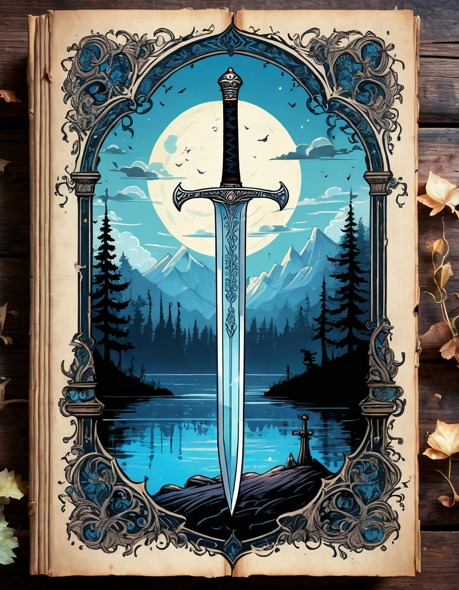 Cute Cartoon, CuteCartoonAF, (cute cartoon style:1.3), (on an antique book page with gothic ornate:1.3). | ((distant view of a legendary sword floating)) above a lake, surrounded by tall forest. | The sword has divine captivating aura, glowing with soft blue light.| More_Detail