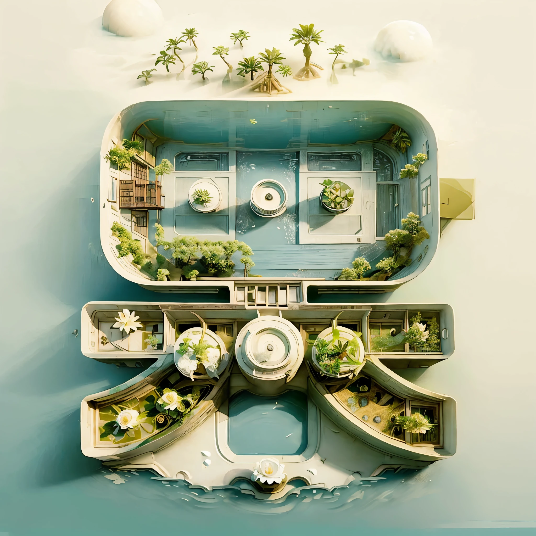 Potted plants, lake, water, lily pad,lotus, temple,White petals，ceramics