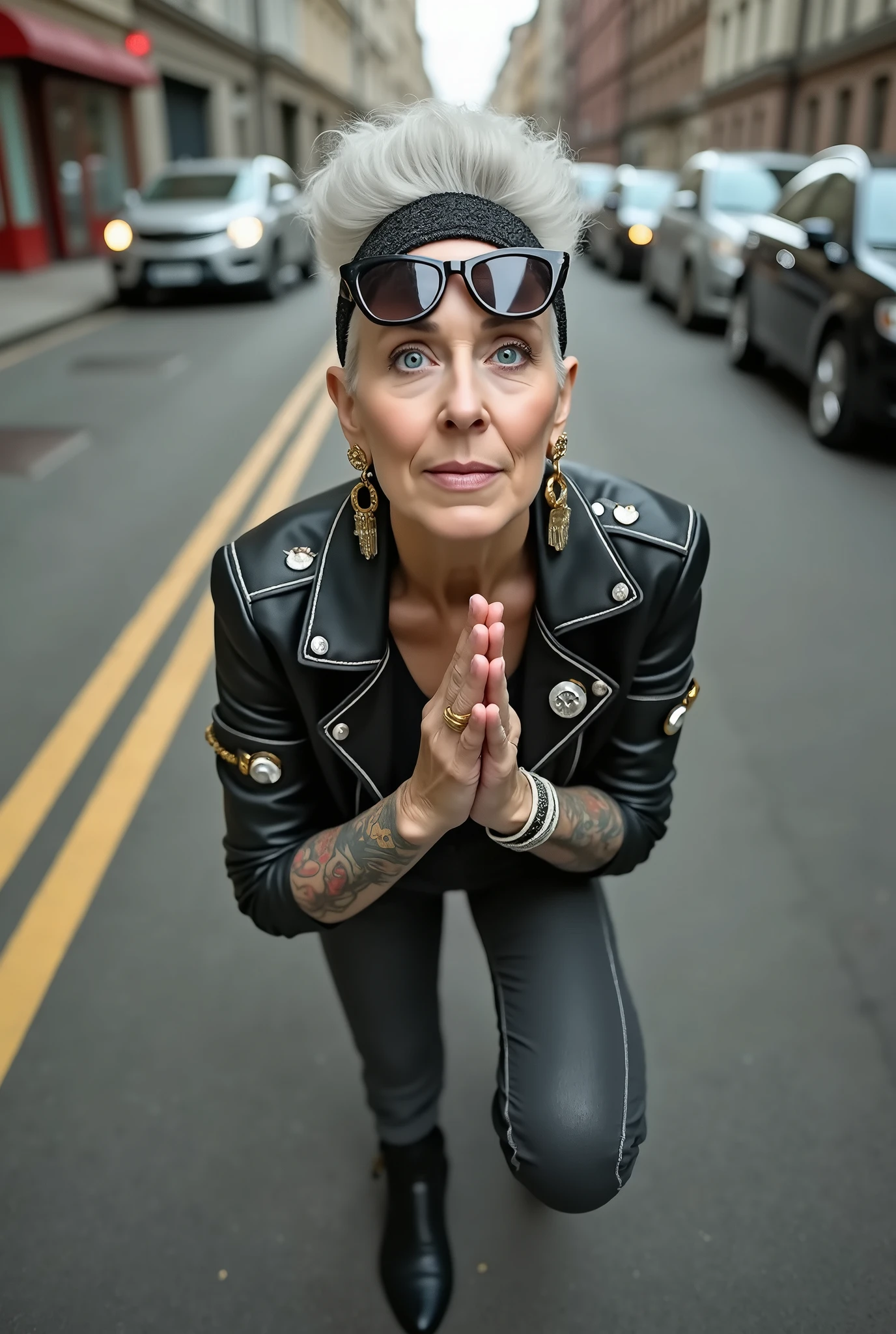 russian old milf woman, grey hair (huge top bun with shaved sides) and sunglasses as headband (big maxi glasses), with very light blue eyes, extremely pale. Wearing cropped black moto jacket with badges on lapels, black bra, skinny dark grey jeans with white thread seams and pointy Chelsea boots with cuban heels . Lots of metallic bracelets and collars. Tacky leather belt with oversized buckle. Wide loop earrings. Kneeling in a payer, looking up, chin up, eyes and mouth wide open in amazement. Hands in prayer position .Looking at the camera in amazement, toned abdominals, thin legs and thin arms. tattoed
