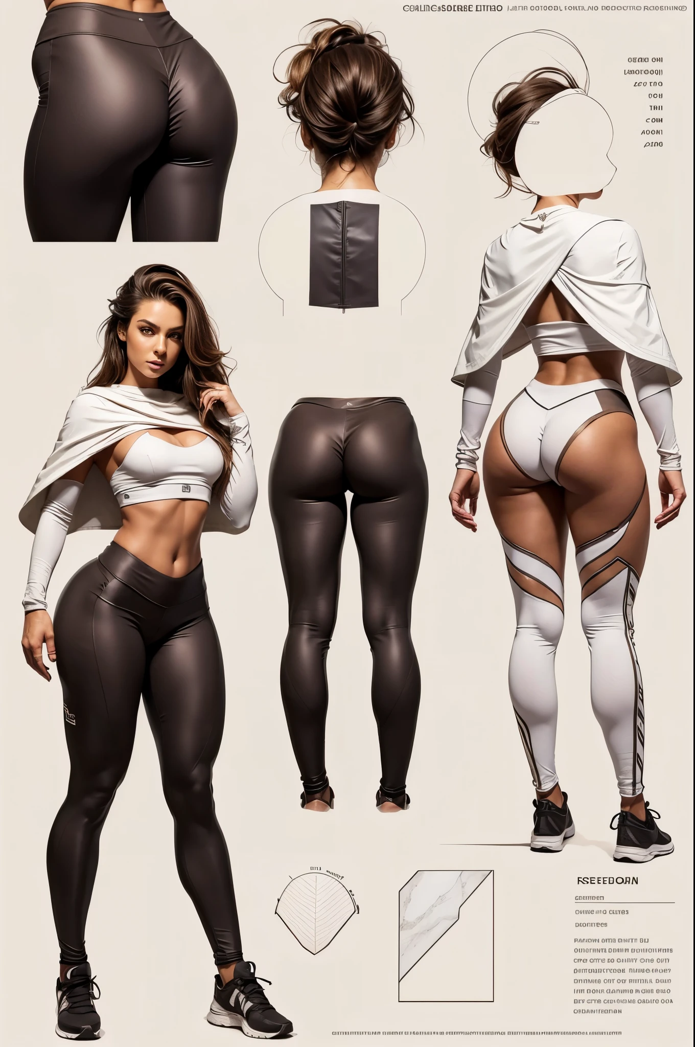 Detailed character sheet, Front view, Side view, Oblique view, with a white returnground, show women, 35 years old, with short dark brown hair combed return, 1 female warrior, Wavy Cape, long flowing hair, (Earth-toned long leggings), Slim figure, Toned thighs, Round ass, From below, The seat includes different angles, Front desk etc.., return, and Side views, Model and Reference Sheets, Full body painting. The ratio is based on 7.5 Head Scale.