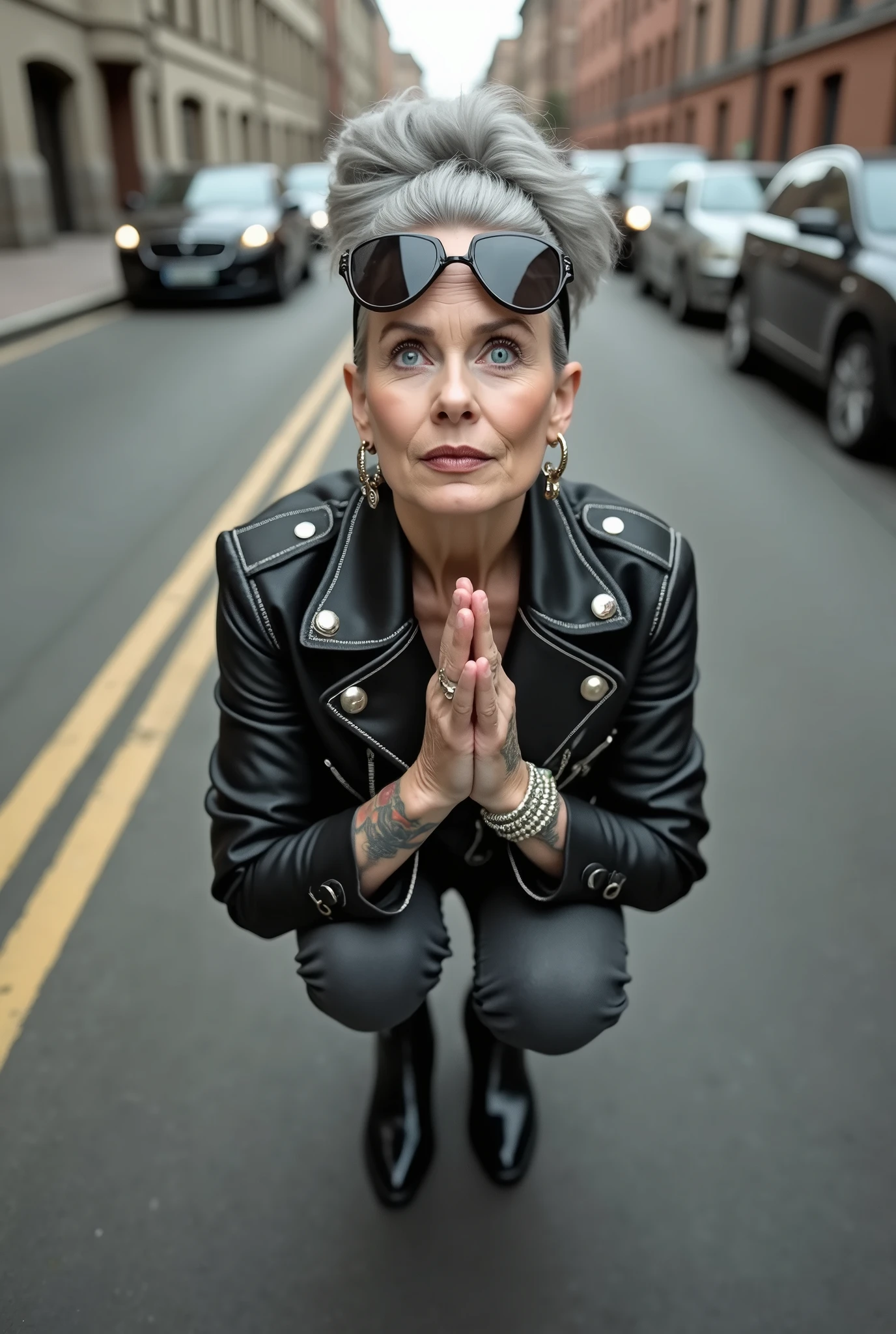 russian old milf woman, grey hair (huge top bun with shaved sides) and sunglasses as headband (big maxi glasses), with very light blue eyes, extremely pale. Wearing cropped black moto jacket with badges on lapels, black bra, skinny dark grey jeans with white thread seams and pointy Chelsea boots with cuban heels . Lots of metallic bracelets and collars. Tacky leather belt with oversized buckle. Wide loop earrings. Kneeling in a payer, looking up, chin up, eyes and mouth wide open in amazement. Hands in prayer position .Looking at the camera in amazement, toned abdominals, thin legs and thin arms. tattoed