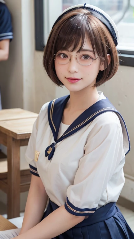(Bob Cut Hair:1.2),(Wearing a sailor suit:1.8),1 person,Japanese,18-year-old,(Small breasts:1.3),(Highest quality,masterpiece:1.3,Ultra-high resolution,),(Very detailedな,Caustics),(Realistic:1.4,RAW shooting,)Ultra-Realistic Capture,Very detailed,High resolution 16K human skin closeup。 Natural skin texture、,pores、、It needs to be detailed enough to be easily identifiable。 Skin tone is even and healthy looking。 Use natural light and color, Happy expression, Looking into the camera, Perfect dynamic composition, classroom、Cleavage、freckles、(Round Glasses)、Duck mouth、Sit at a desk