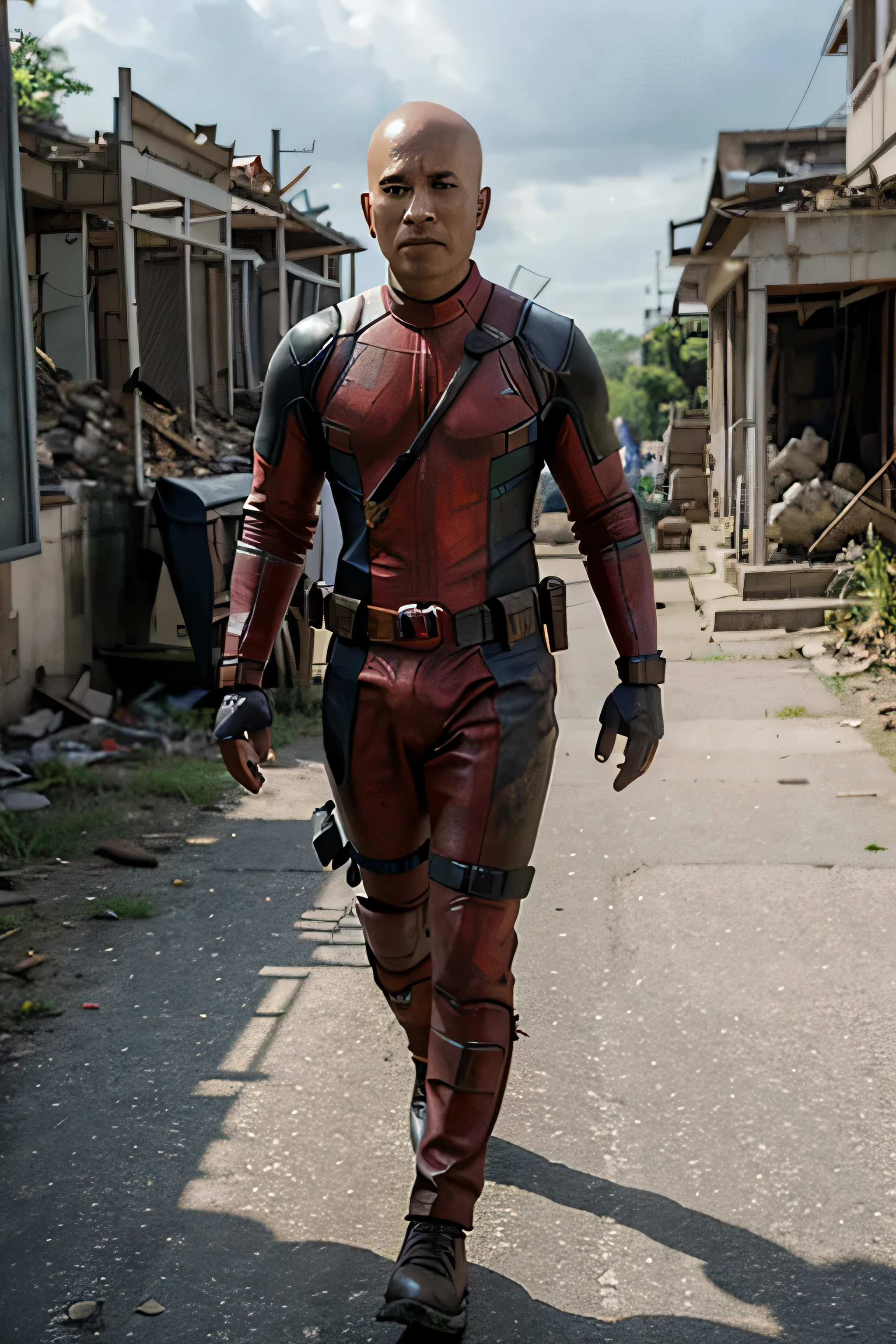 realistic photo of malay man wearing of deadpool suit, unmasked, bald head, showing face, tired face, walking to wards viewer, ruins building background, minor cuts, worn suit, swords at the back, comolete weapon