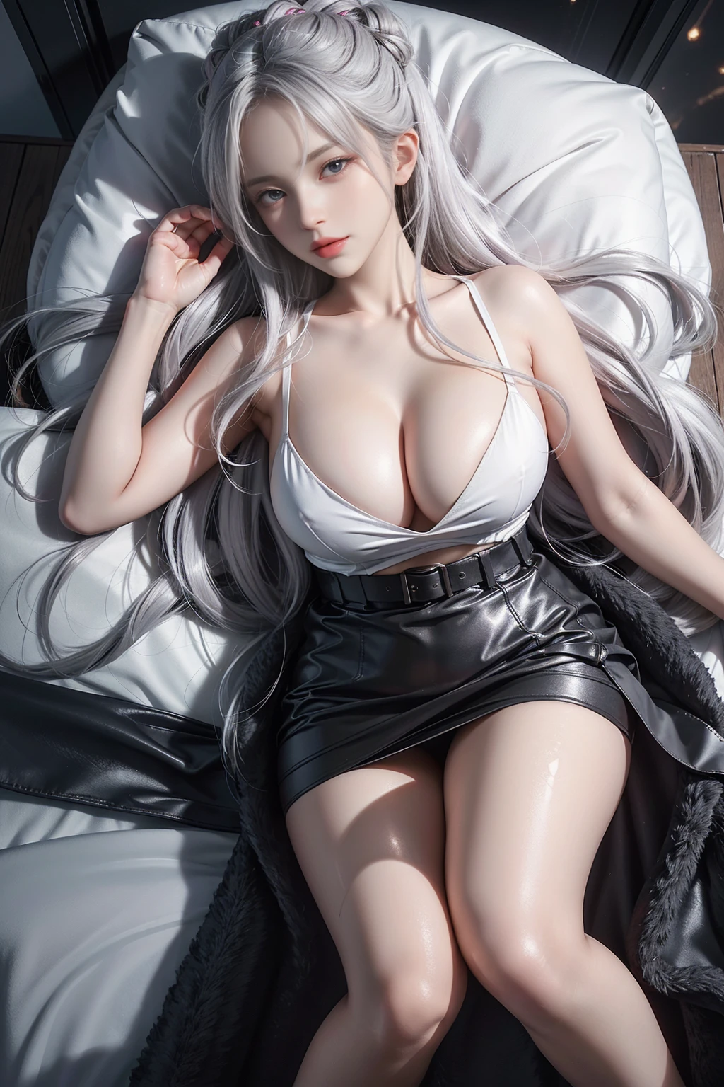 future0001,torn legwear,police,underwear,leather skirt,microskirt,white shirt,grey hair,1girl,独奏,（(Girl lying in bed))、A beautiful and moving woman, in an elegant pose, her full breasts on display.，Visible cleavage，Sexy long legs，Variety of slim and cute beauties, Her long hair cascades down her shoulders like a waterfall。She smiles radiantly，Eyes sparkle，Her skin is flawless。Her curves are highlighted。Sparkle in the light，The colors are soft，Perhaps in shades of light pink or lavender。She lay confidently，One hand on hip，Her posture is both graceful and strong。She wears elegant high heels，Goes well with her outfit。In the warm golden sun。The overall atmosphere of the image is tranquil and uplifting，Emphasizing natural beauty and elegance, Studio Lighting,Bright colors, Sweet maiden, sweet smile, make up，shy，Blush，Parted lips，Heavy breathing，moan，Surrealism，Realism，Movie Lighting，Relief，Sony FE GM，Retina，masterpiece，precise，Anatomically correct，Textured Skin，Super Detail，High Detail，best quality，rich and colorful