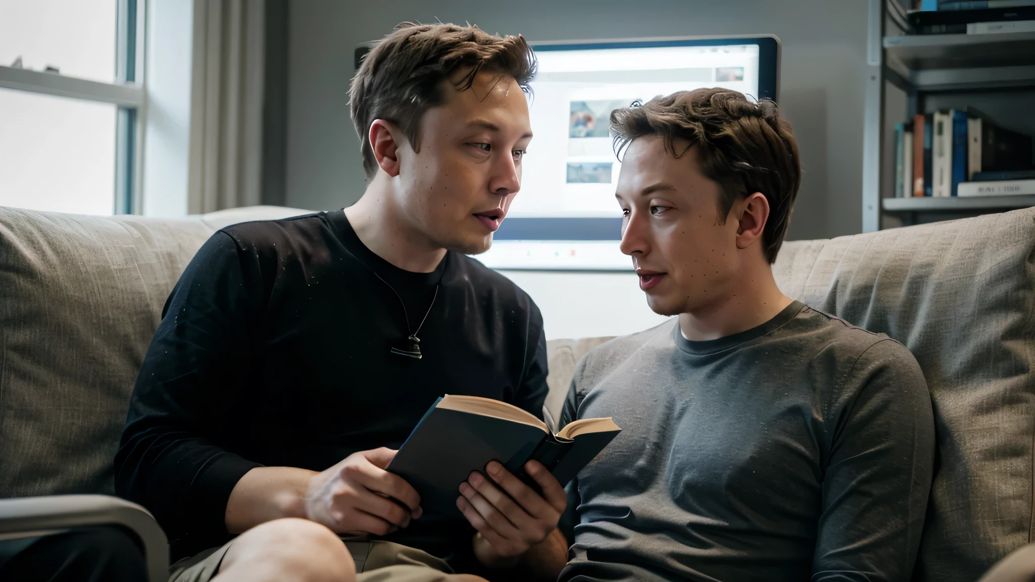 elon musk reading the book to mack zuckeberg about machine learning- photoreastic