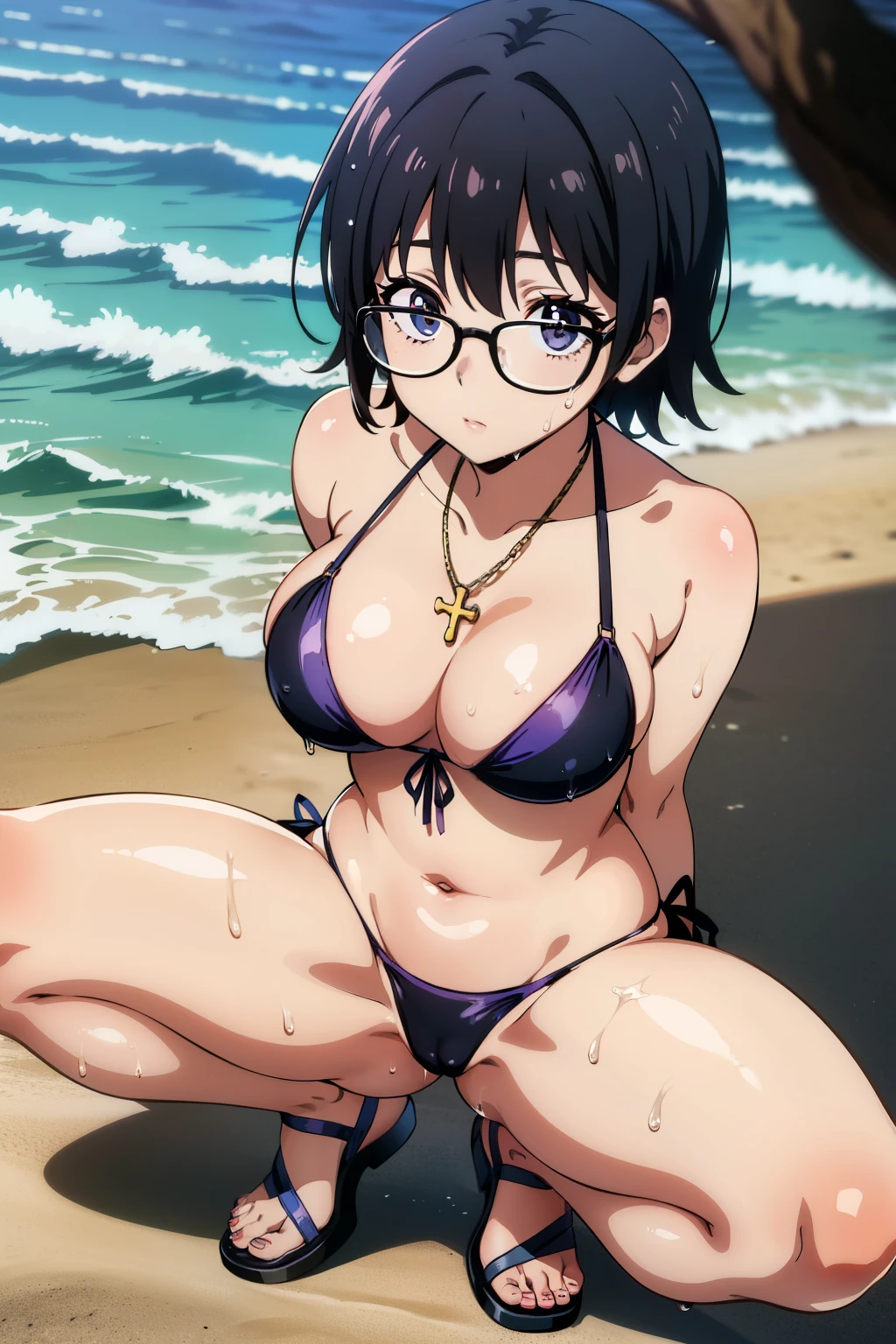 (masterpiece, High resolution, Highest quality, Anime Color), (Perfectly detailed anatomy, Beautiful attention to detail&hair), (Shizuku Murasaki), (One girl), black hair, short hair, Glasses, inverted cross chain necklace, (slim body: 1.3), (large breastst), ((Black Micro Bikini)), (see through: 1.3), (wet). cowboy shot, outdoor, beach, (squatting), (spread legs), (close up of face), from above