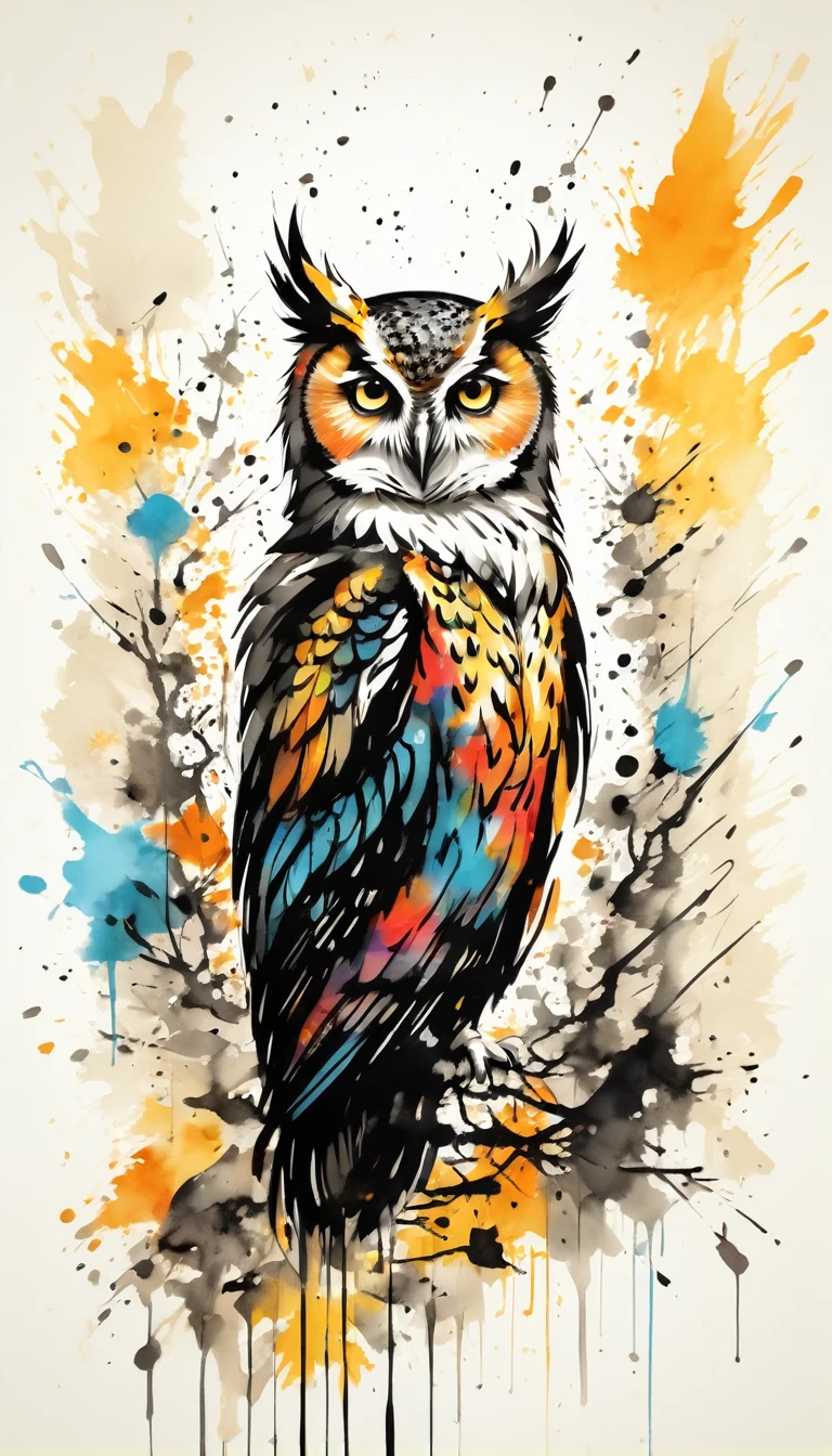 Vector Art, Colorful illustration with many owls, In the center, Vibrant colors，Graffiti Art，ink splatter，Wild and unrestrained，rich and colorful，visual impact,Modern aesthetic super detailed,
