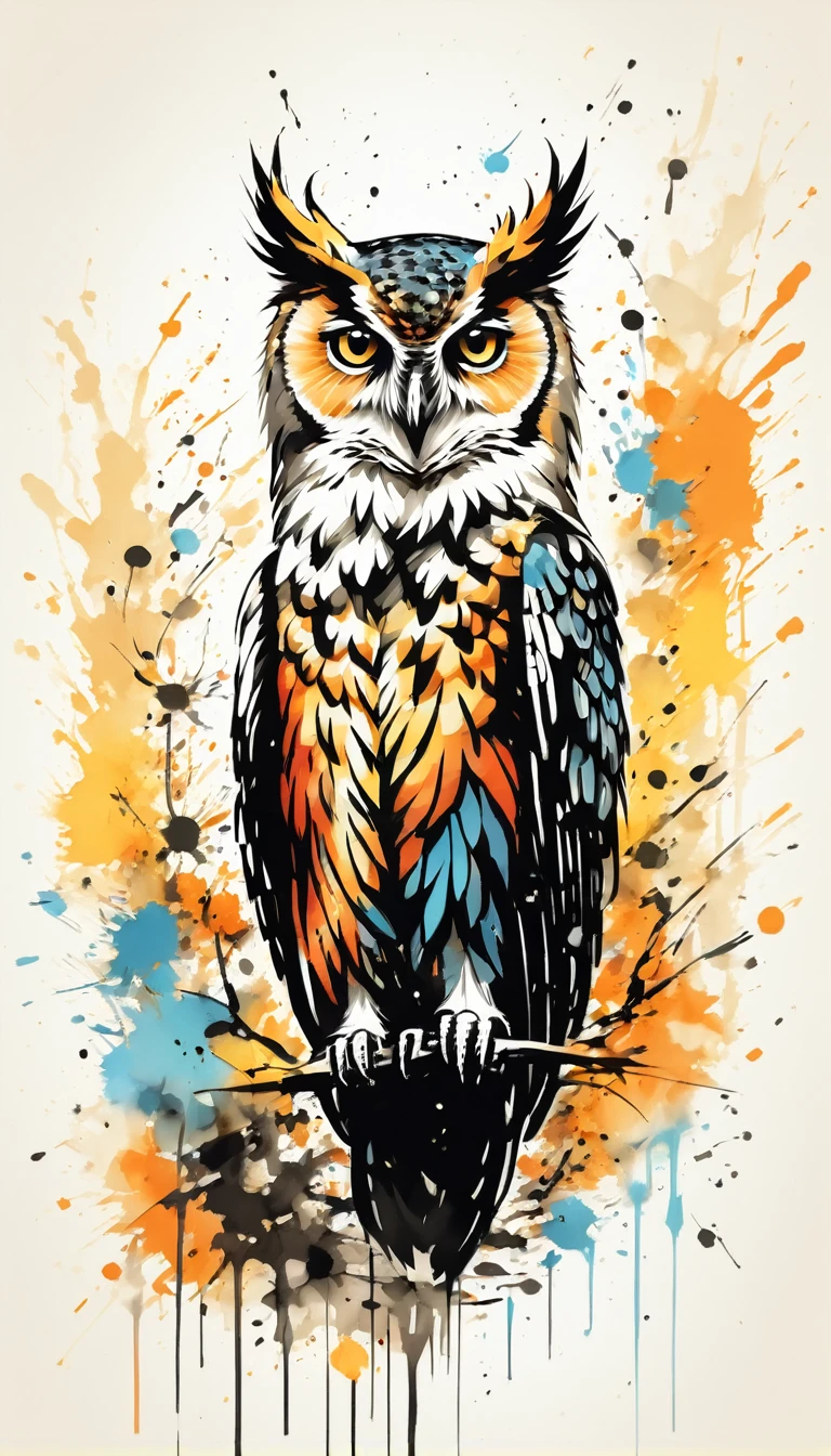 Vector Art, Colorful illustration with many owls, In the center, Vibrant colors，Graffiti Art，ink splatter，Wild and unrestrained，rich and colorful，visual impact,Modern aesthetic super detailed,
