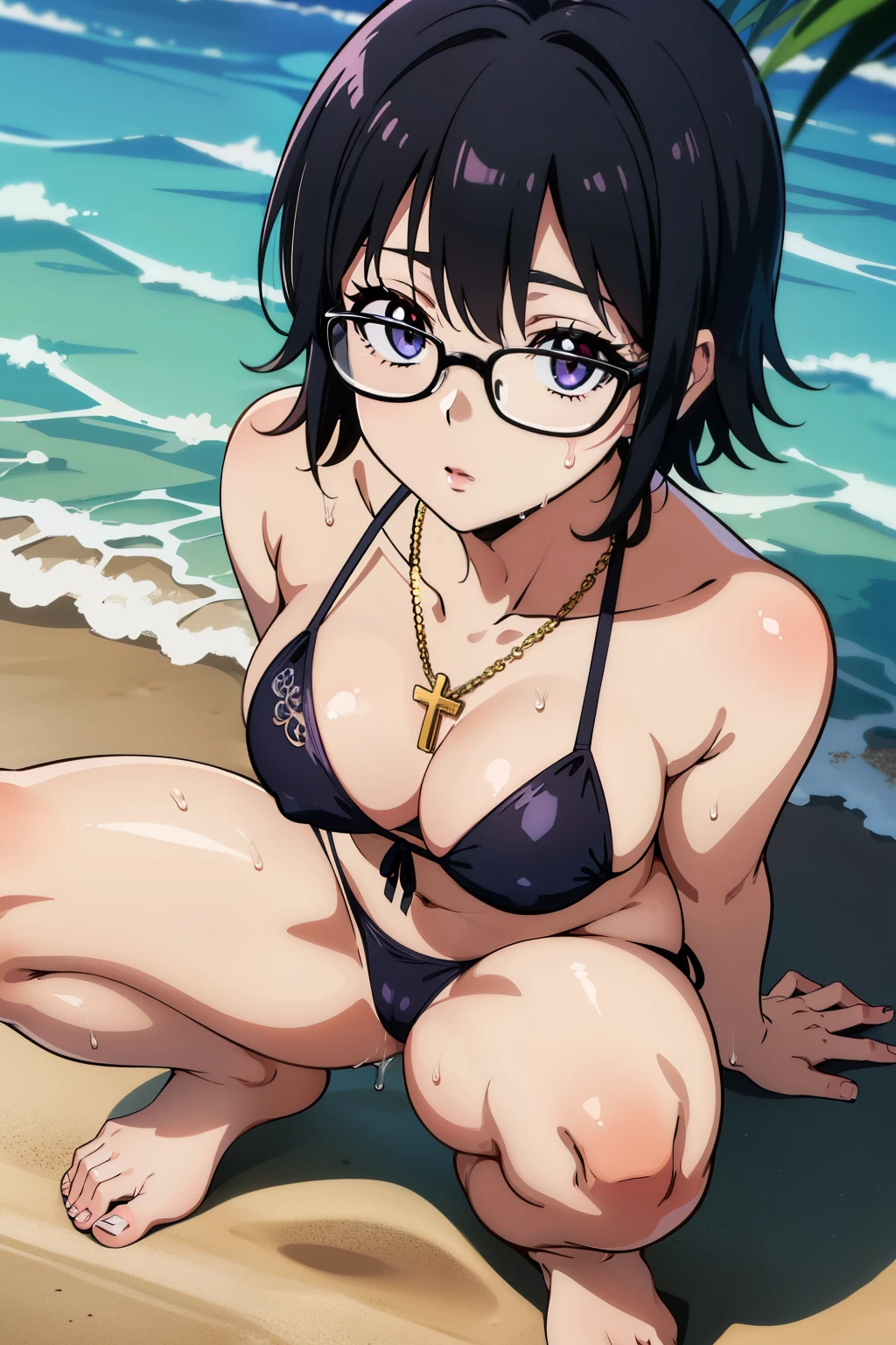 (masterpiece, High resolution, Highest quality, Anime Color), (Perfectly detailed anatomy, Beautiful attention to detail&hair), (Shizuku Murasaki), (One girl), black hair, short hair, Glasses,  inverted cross chain necklace, (slim body: 1.3), (large breastst), ((Black Micro Bikini)), (see through: 1.3), (wet). cowboy shot, outdoor, beach, (squatting), (spread legs), (close up of face), from above