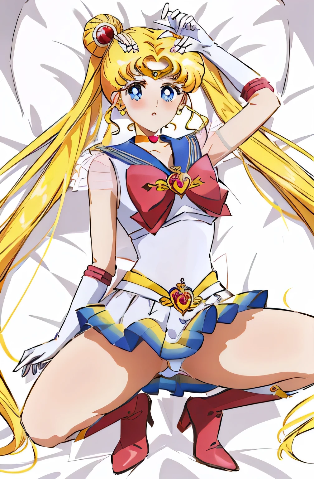 masterpiece, best quality, (1 person), (super sailor moon), (detailed face), face focus, white wall, (on bed), bright room, embarrassed expression, white gloves, detailed eyes, detailed face, love hotel room, detailed background, multicolored clothes, sailor warrior uniform, colorful skirt, hair accessory, red bow, brooch, heart brooch, earrings, crescent moon, heart choker, heart, mini skirt, very long hair, back bow, crescent moon earrings, tiara, yellow choker, boots, knee boots, red footwear, mji legs, (large upturned skirt), shorts visible, upskirt, (detailed panties), large visible panties, lying on bed, (white panties: 1.5), (fully exposed panties: 1.5), (squat: 1.5), sailor moon r, super sailor moon, (panty flash), (upskirt)