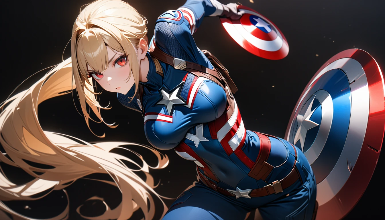 Young Woman, Long golden hair, High Ponytail, Red eyes, captain America, masterpiece, Highest quality, Full HD, 8k, Super detailed, Great graphics、Beautiful breasts、、(Black background;1.5)、Cowboy Shot