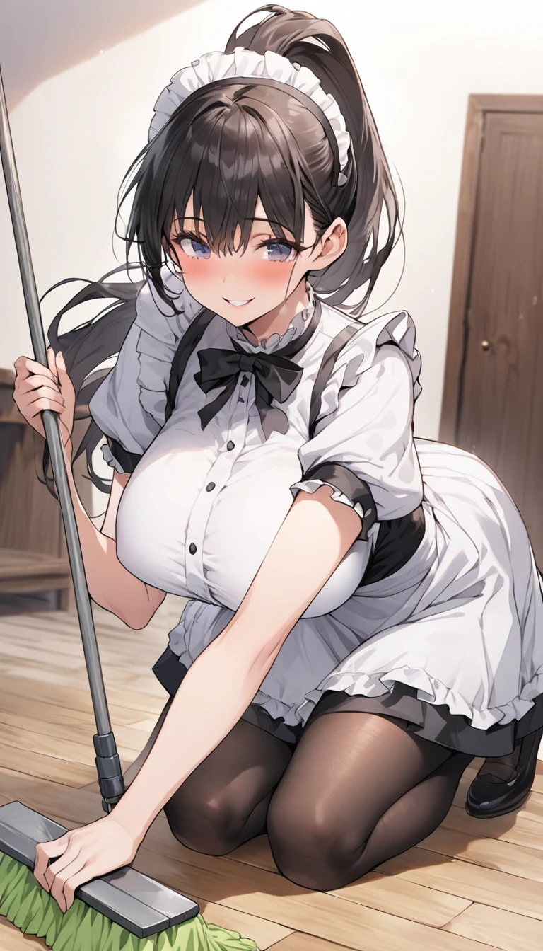 One Woman、beautiful girl、maid、20-year-old、ponytail、Western-style building、maidの、Calm look、Drooping eyes、柔らかなsmile、A motherly expression、Baby Face、頭にmaidカチューシャ、Short skirt、Black Pantyhose、Ultra-high definition image quality、Highest quality, smile,Big Breasts、Very large breasts、Wipe the floor with a rag、Cleaning the floor with a hand-held mop.、Squint your eyes and smile、Bend down to clean the floor