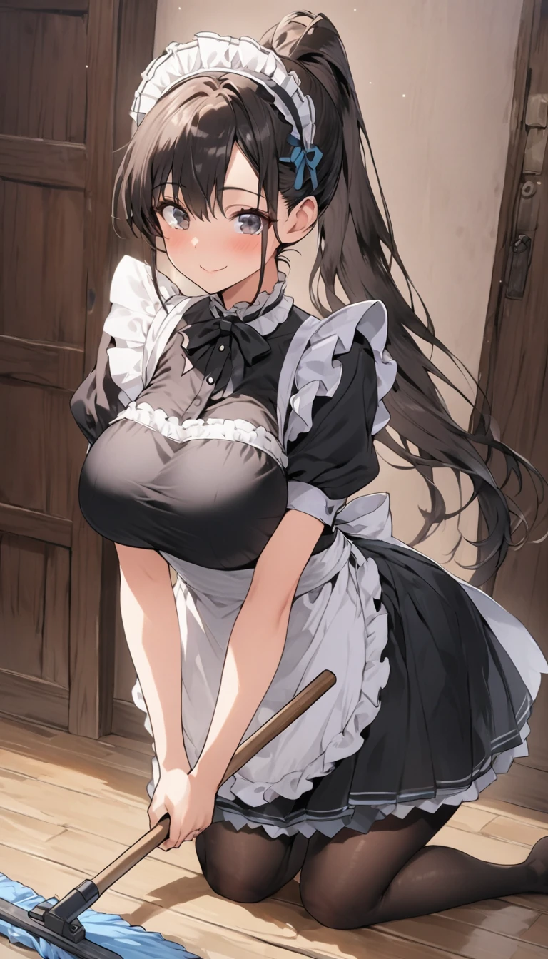 One Woman、beautiful girl、maid、20-year-old、ponytail、Western-style building、maidの、Calm look、Drooping eyes、柔らかなsmile、A motherly expression、、頭にmaidカチューシャ、Short skirt、Black Pantyhose、Ultra-high definition image quality、Highest quality, smile,Big Breasts、Very large breasts、Wipe the floor with a rag、Cleaning the floor with a hand-held mop.、Squint your eyes and smile、Bend down to clean the floor