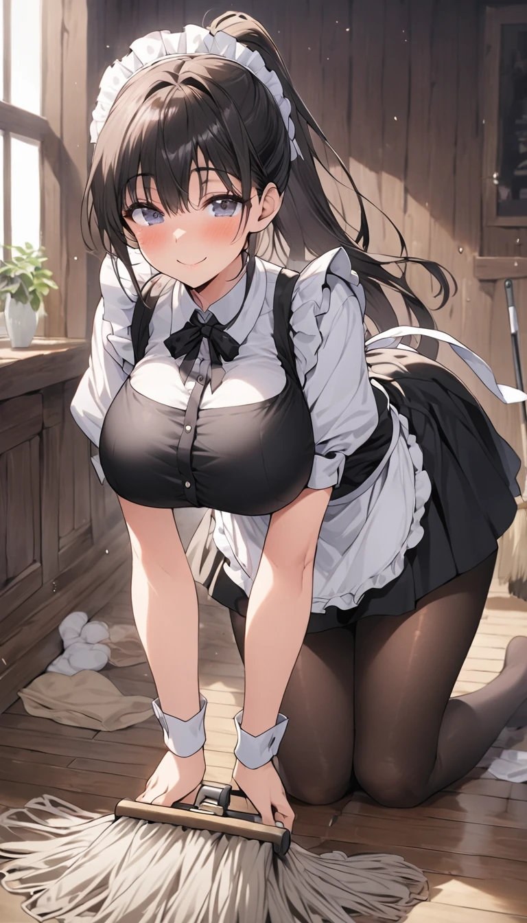 One Woman、beautiful girl、maid、20-year-old、ponytail、Western-style building、maidの、Calm look、Drooping eyes、柔らかなsmile、A motherly expression、Baby Face、頭にmaidカチューシャ、Short skirt、Black hose、Ultra-high definition image quality、Highest quality, smile,Big B large breasts、Wipe thewith a rag、Cleaning the floor with a hand-held mop.、Squint your eyes and smile、Bend down to clean the floor