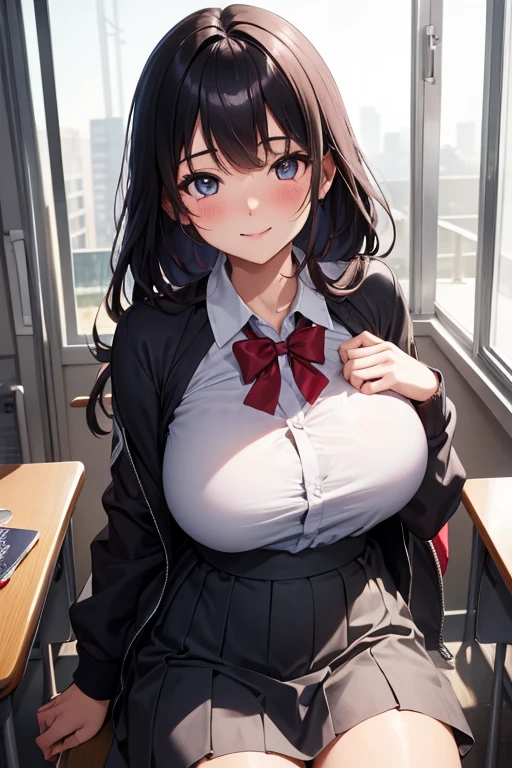One person, High resolution, masterpiece, accurate, Highest quality, High-resolution model, High detail, Textured skin, Ultra high definition, Large Breasts, Blushing, Long Hair, Gaze, smile, Simple Background, high school girl、School、classroom