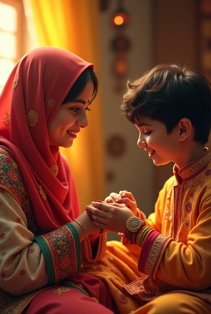 a hijabi girl tying a rakhi to a hindu boy on rakshabandhan festival, detailed hijabi girl face, detailed hindu boy face, intricate rakhi, vibrant colors, ornate jewelry, traditional indian attire, warm lighting, photo-realistic, detailed background, beautifully detailed, cinematic composition, highly detailed, digital art