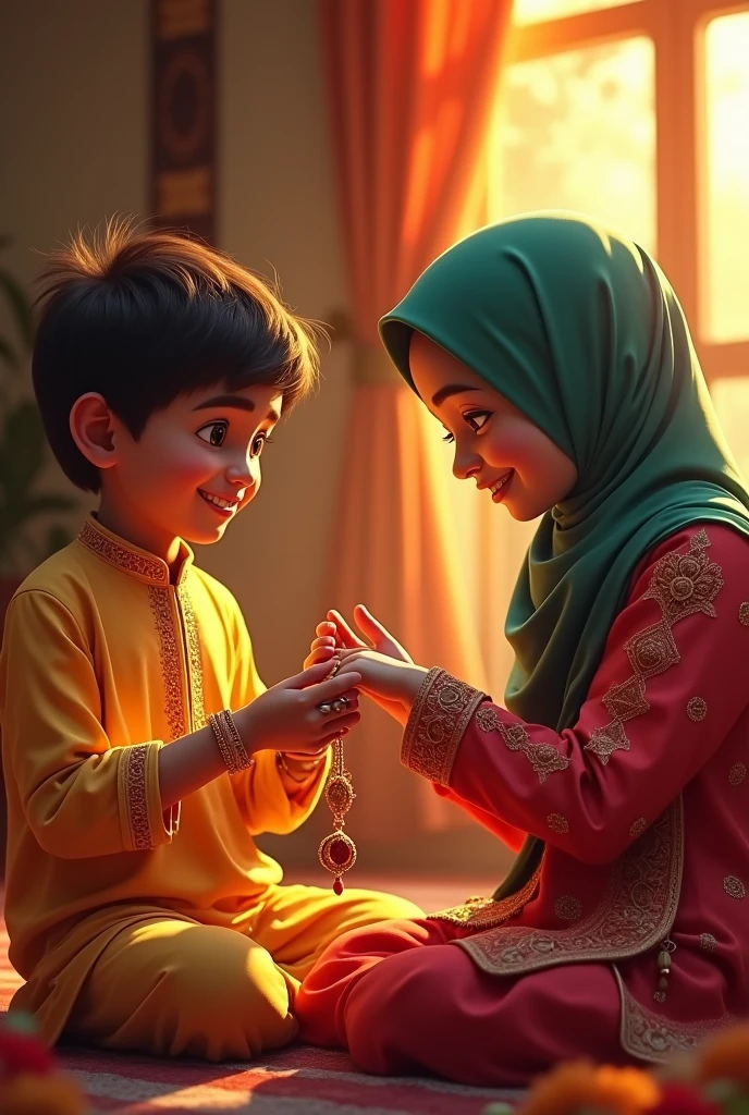a hijabi girl tying a rakhi to a hindu boy on rakshabandhan festival, detailed hijabi girl face, detailed hindu boy face, intricate rakhi, vibrant colors, ornate jewelry, traditional indian attire, warm lighting, photo-realistic, detailed background, beautifully detailed, cinematic composition, highly detailed, digital art