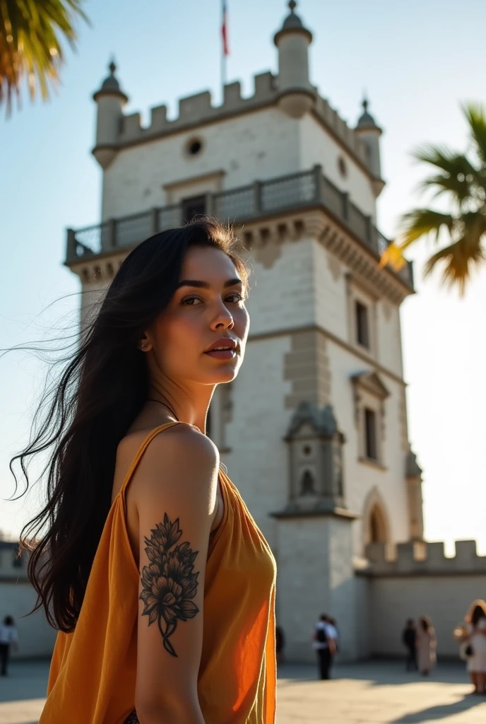 caucasian woman, Scrawny, with long black hair, Black and white flower tattoo on the arm, with large breasts and a large sleeveless top with a generous neckline taking a picture at the Belém Tower in Lisbon 