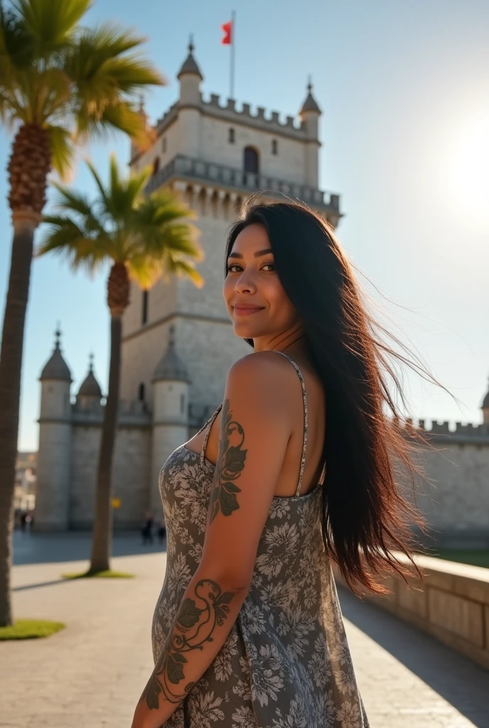 caucasian woman, Scrawny, with long black hair, Black and white flower tattoo on the arm, with large breasts and a large sleeveless top with a generous neckline taking a picture at the Belém Tower in Lisbon