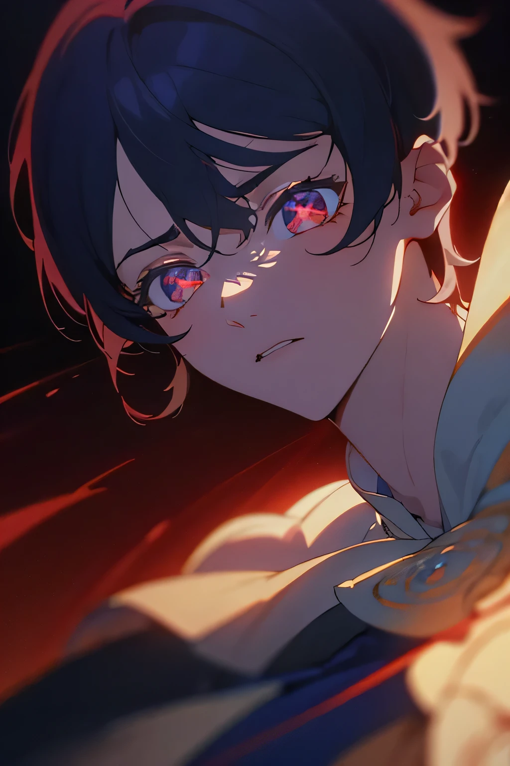 a handsome anime boy with detailed eyes blue and red eyes, short black hair, delicate facial features, intricate details, beautiful defined jawline, striking expression, dynamic pose, detailed clothing, intricate background, cinematic lighting, vibrant colors, digital art, 8k, 4k, best quality