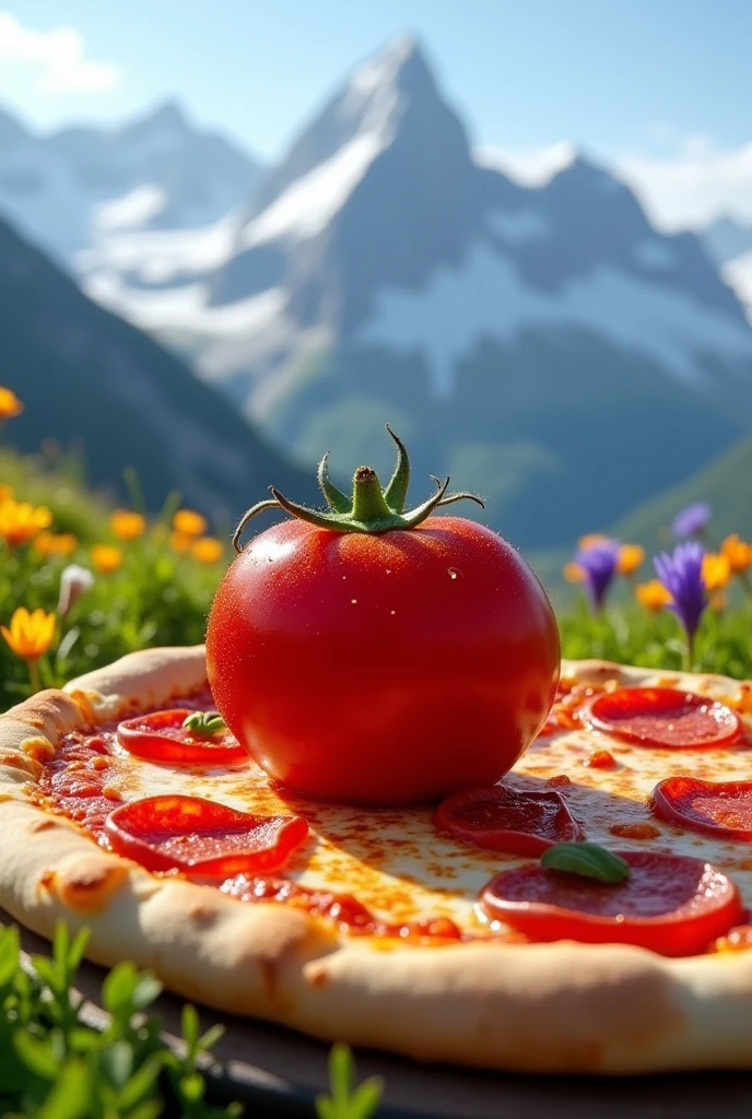 A huge intense red tomato on top of pizza peperone on alps mountains 