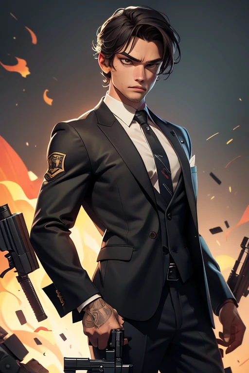 holding a gun,set a target,shoot,Agent,men's suits,masterpiece,best quality,super fine illustration