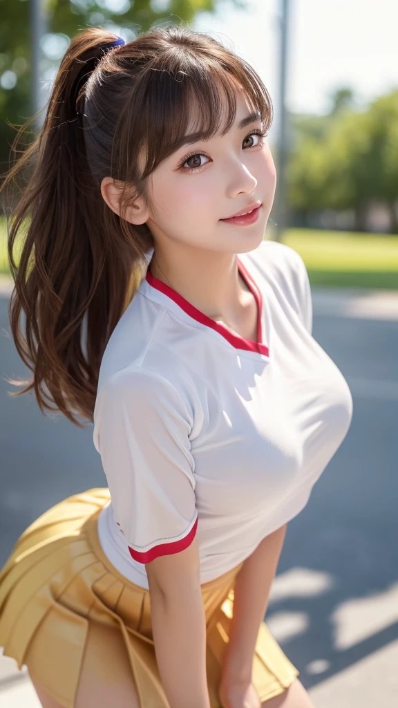 masterpiece, Highest quality, Very detailed, High resolution, (Realistic, photoRealistic:1.37), Excellent anatomy, One beautiful woman,front,Knee-deep shots,A small smile, cheer leading, Cheerleader uniform, (shape), Micro Pleated Mini Skirt, ((Very delicate and beautiful)), (Bokeh, Blurred outdoor background), Brown Hair, Long Hair, bangs,Very beautiful face, Cute type, Big Natural Color Lip, Big and pretty eyes, Brown eyes, Obvious double, Small and cute nose, Brown eyes, Shiny highlight spots around the eyes, Character Focus, Tilt your head, The best light, Best Shadow, mysterious, Perfect Face, Very detailed, Soft Skin, (Glowing Skin, Sweaty: 1.2)'Beautiful feet, Voluptuous thighs, Plump body, Huge breasts, (Expresses the roundness and softness of the chest area.........1), Beautiful body, (The perfect woman),