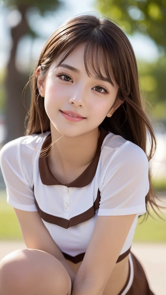 masterpiece, Highest quality, Very detailed, High resolution, (Realistic, photoRealistic:1.37), Excellent anatomy, One beautiful woman,front,Knee-deep shots,A small smile, cheer leading, Cheerleader uniform, (shape), Micro Pleated Mini Skirt, ((Very delicate and beautiful)), (Bokeh, Blurred outdoor background), Brown Hair, Long Hair, bangs,Very beautiful face, Cute type, Big Natural Color Lip, Big and pretty eyes, Brown eyes, Obvious double, Small and cute nose, Brown eyes, Shiny highlight spots around the eyes, Character Focus, Tilt your head, The best light, Best Shadow, mysterious, Perfect Face, Very detailed, Soft Skin, (Glowing Skin, Sweaty: 1.2)'Beautiful feet, Voluptuous thighs, Plump body, Huge breasts, (Expresses the roundness and softness of the chest area.........1), Beautiful body, (The perfect woman),