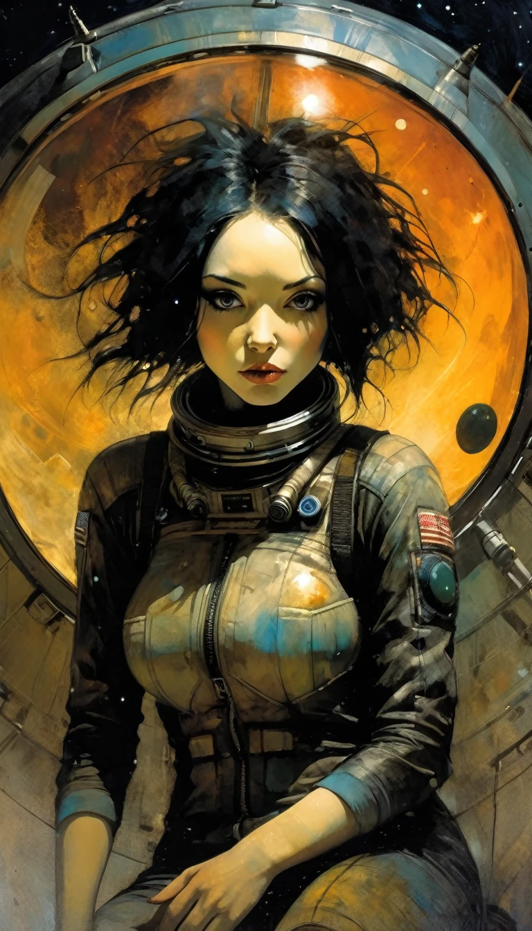 sexy astronaut girl and border collie dog, astronaut, on the ground sitting in front of his spaceship, stars, magic,(best quality, 4k, 8k, high resolution, masterpiece: 1.2), ultra-detailed,eroticism, sexy, black and white image, between shadows, oil painting, chiaroscuro, sensual, dramatic lighting, moody atmosphere, photorealistic, intricate details, masterpiece, ultra-detailed, high quality, 8k, best quality, realistic, cinematic, dark and brooding, expressionistic, powerful composition, emotional impact, art inspired by Bill Sienkiewicz and Dave McKean (realistic, photorealistic, photorealistic: 1.37), details intricate, vivid colors, sharp focus, professional, Dave McKean artwork, surrealism oil touch, oil painting style, portrait,background, fantasy elements, texture, layered composition. art inspired by Bill Sienkiewicz and Dave McKean
