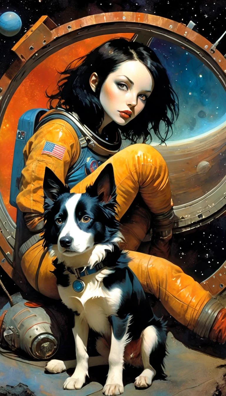 sexy astronaut girl and border collie dog, astronaut, on the ground sitting in front of his spaceship, stars, magic,(best quality, 4k, 8k, high resolution, masterpiece: 1.2), ultra-detailed, (realistic, photorealistic, photorealistic: 1.37), details intricate, vivid colors, sharp focus, professional, Dave McKean artwork, surrealism oil touch, oil painting style, portrait,background, fantasy elements, texture, layered composition. art inspired by Bill Sienkiewicz and Dave McKean