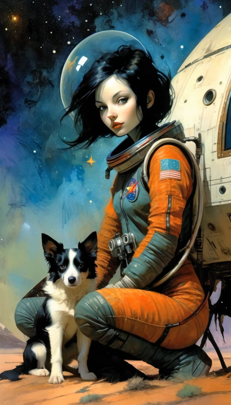 sexy astronaut girl and border collie dog, astronaut, on the ground sitting in front of his spaceship, stars, magic,(best quality, 4k, 8k, high resolution, masterpiece: 1.2), ultra-detailed, (realistic, photorealistic, photorealistic: 1.37), details intricate, vivid colors, sharp focus, professional, Dave McKean artwork, surrealism oil touch, oil painting style, portrait,background, fantasy elements, texture, layered composition. art inspired by Bill Sienkiewicz and Dave McKean
