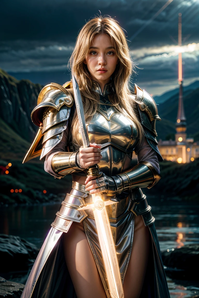(masterpiece, best quality), A paladin holding a light-infused sword, light magic, divine, magewave, silver and gold, 4k, dark cityscape, Fujifilm