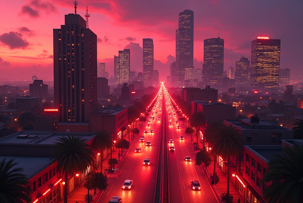 Create an image of Los Santos where all the buildings are red.